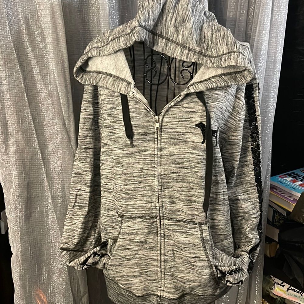 Vintage grey sequin bling zip up hooded sweatshirt Victoria’s Secret pink logo